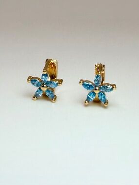 Gold Plated Blue Flower Crystal Huggie Earrings